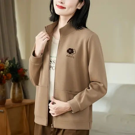 立领外套女春秋2023新款时尚韩版宽松大码中年妈妈装拉链卫衣开衫图片
