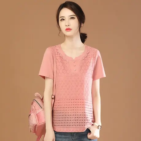 韩潮袭人圆领镂空短袖雪纺衫女夏季新款休闲宽松蕾丝衫T恤上衣薄图片