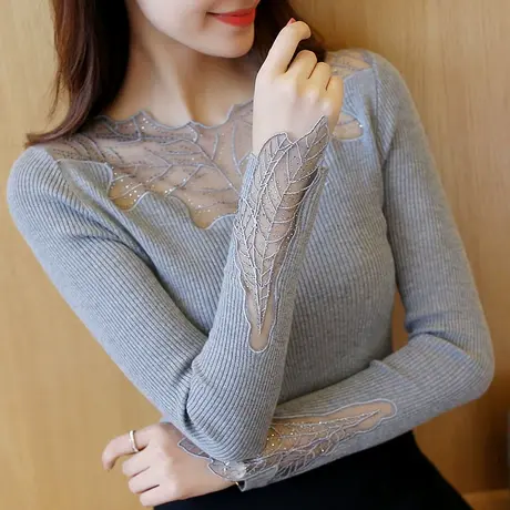 打底衫女内搭秋装2023年新款韩版修身百搭蕾丝毛衣针织上衣女长袖商品大图