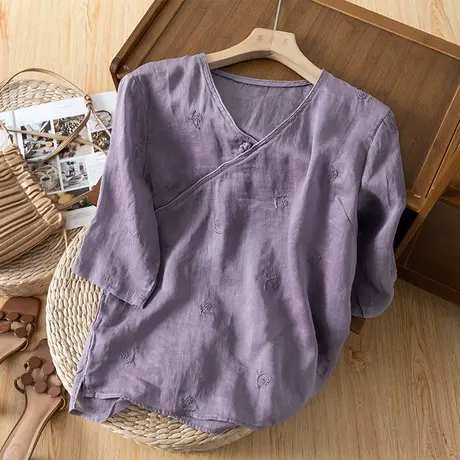 享永子五分袖苎麻刺绣上衣女夏文艺复古棉麻小衫宽松显瘦2023新款商品大图