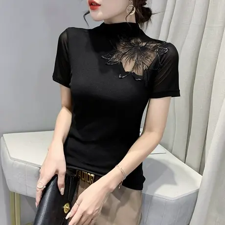 半高领打底衫女2023春秋新款时尚网纱刺绣T恤女短袖紧身内搭上衣图片