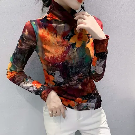 高领打底衫女春秋2023新款气质网纱T恤长袖漂亮减龄妈妈装上衣ins商品大图