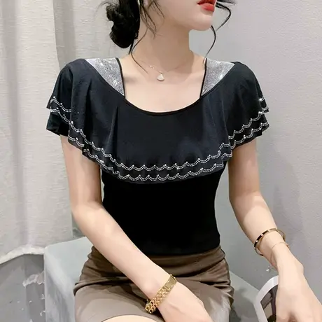 2023夏季新款性感网纱短袖T恤女洋气方领荷叶边上衣重工烫钻上衣商品大图