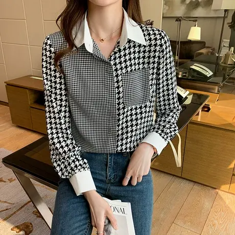 早秋上衣服长袖雪纺衬衫女装春秋装2023年新款潮秋季格子女士衬衣商品大图