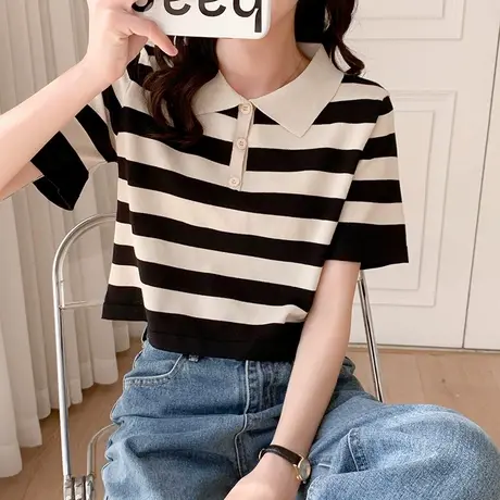 冰丝针织衫2023新款设计感polo领条纹短袖T恤女夏宽松短款上衣ins商品大图