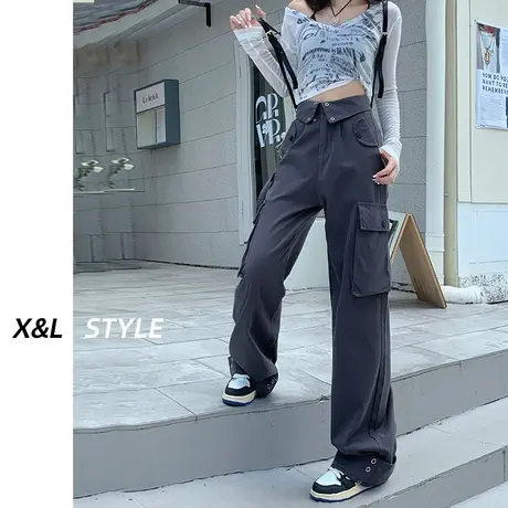 灰色工装裤女秋2023新款早秋设计感高腰显瘦宽松阔腿百搭休闲裤子图片