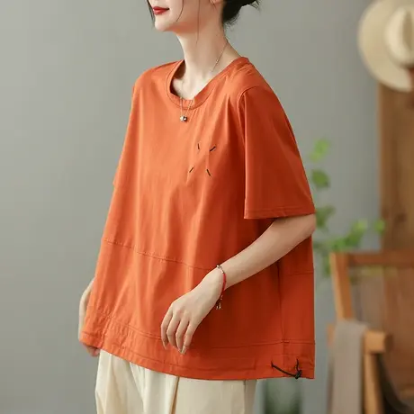 dza纯色全棉短袖T恤女2023夏季圆领抽绳打底体恤宽松显瘦套头上衣商品大图