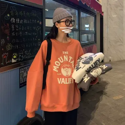 2023年春秋衣新款宽松加绒奶橘色卫衣女冬无帽圆领薄款小个子小众商品大图