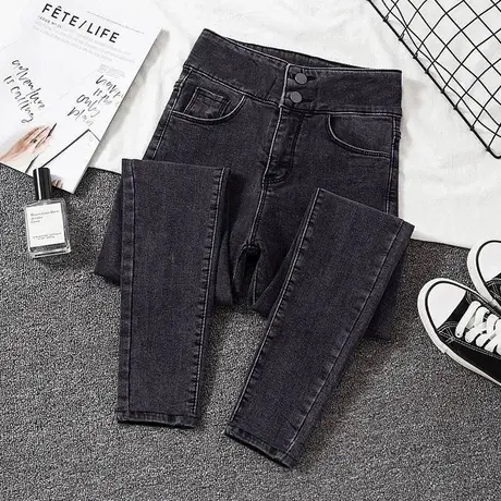 黑色高腰牛仔裤女春秋季加绒加厚修身九分显瘦铅笔紧身小脚裤子图片