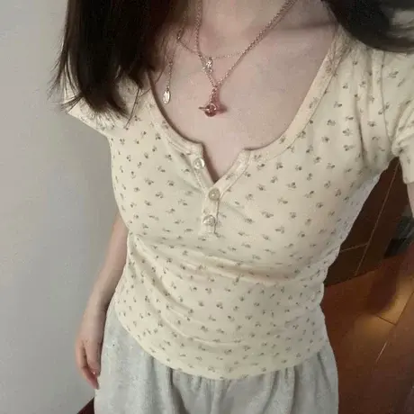 小清新碎花正肩短袖t恤女夏季2023新款修身复古法式短款上衣甜辣商品大图