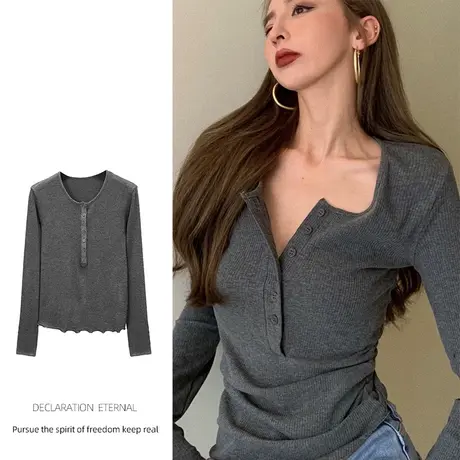 韩风chill修身纯欲t恤胖mm大码甜辣风复古打底衫港风V领洋气ins潮商品大图