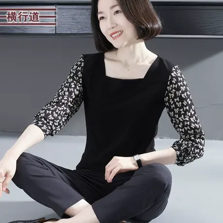 2023新款冬装方领纯色拼接碎花长袖T恤女装大码妈妈韩版宽松上衣商品大图