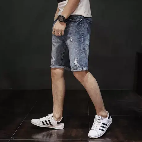 夏季男士五分裤牛仔短裤马裤宽松薄款弹力休闲潮流破洞猫须青年裤商品大图
