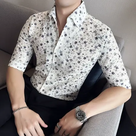 花灰色腔调小性感V领衬衫男中袖蕾丝镂空透气网眼五分短袖衬衣潮商品大图