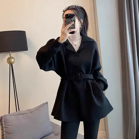 春秋季大码胖mm洋气时髦西装领长袖卫衣女装收腰上衣外套潮200斤商品大图