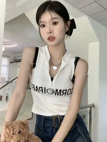 辣妹白色v领拉链针织吊带背心女夏夏季内搭外穿无袖短款露脐上衣商品大图