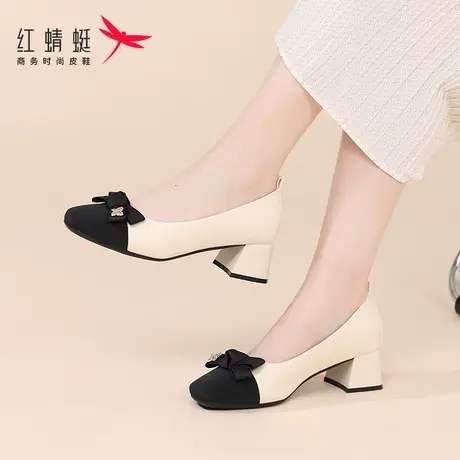 红蜻蜓女鞋秋季2023新款粗跟中跟小个子高跟鞋女单鞋小皮鞋蝴蝶结商品大图
