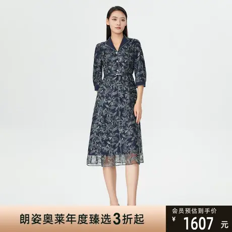 朗姿 秋季新款印花连衣裙大花V领七分袖中长裙线下商场同款商品大图