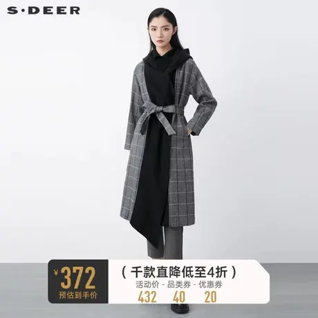 sdeer圣迪奥冬季设计感连帽格纹收腰长款毛呢大衣女S21461813图片