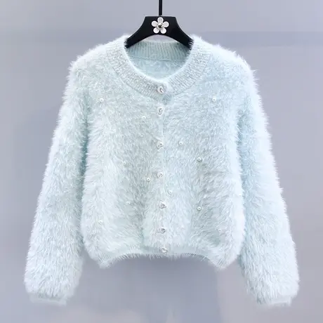 小清新重工钉珠圆领水貂绒毛衣外套女秋冬2023新款设计感针织开衫商品大图
