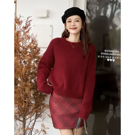 【含羊毛软糯毛衣】23秋冬新款慵懒风节日圆领宽松红色针织衫女图片