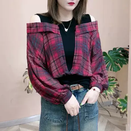 露肩长袖格子假两件衬衫女2023秋季新款设计感小众上衣遮肚子显瘦商品大图