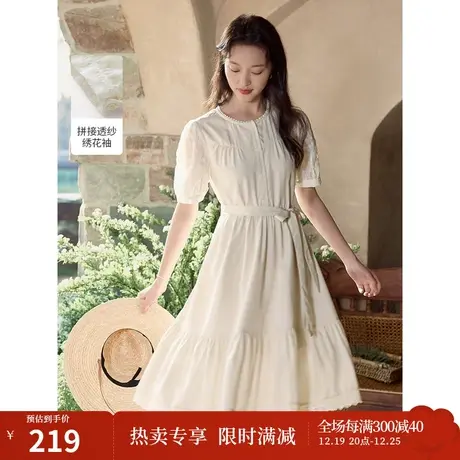 茵曼法式清新连衣裙2023夏季女装新款拼接花边收腰泡泡袖圆领上衣商品大图
