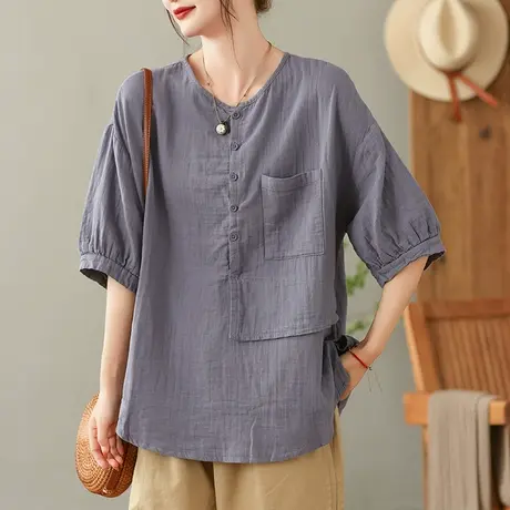 dza 复古单口袋全棉衬衫女2023夏季薄款套头衬衣休闲宽松白色上衣图片