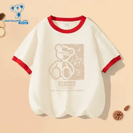 JU真维斯男童装撞色短T2025夏季新款印花休闲圆领套头衫宽松上衣商品大图