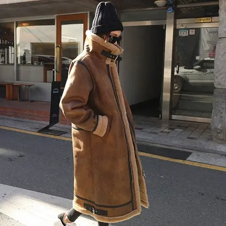 韩版秋冬新款宽松羊羔毛加厚BF棉服女中长款大码茧型皮毛一体外套图片