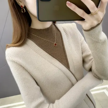 半高领针织打底衫女修身百搭2023春秋新款假两件时尚百搭洋气毛衣商品大图