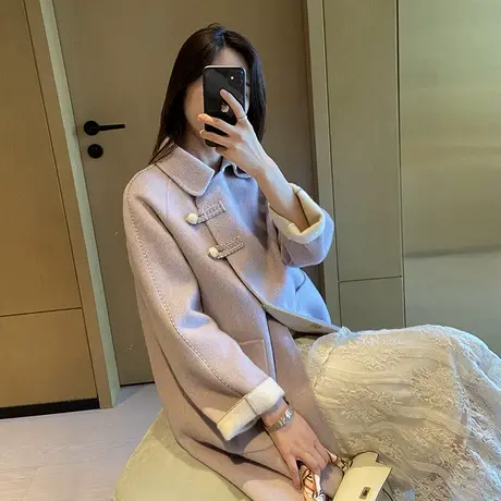 双面呢冬季外套2024新款中长款双面呢温柔毛呢紫色零羊绒大衣女图片