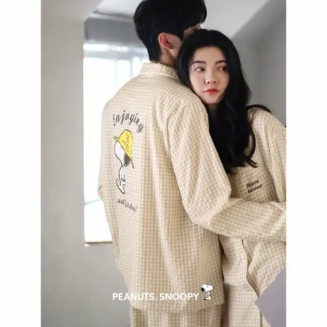 贝妍史努比情侣睡衣女春秋新款莫代尔棉长袖家居服时尚格子男套装商品大图