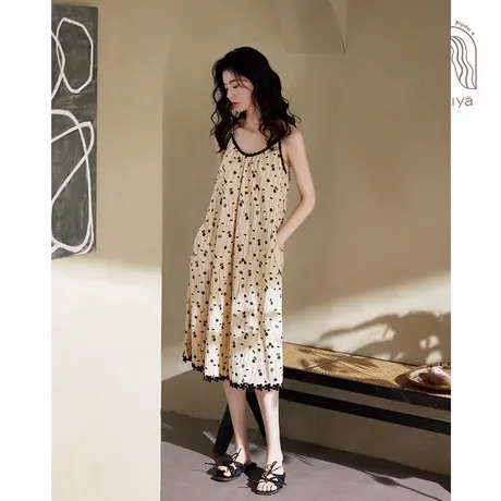 妮狄娅睡衣睡裙女夏季纯棉复古碎花v领吊带裙精致蕾丝边时尚性感商品大图