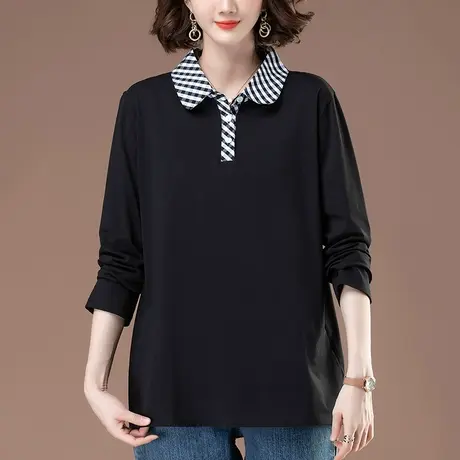 纯棉长袖T恤女春秋季宽松加大码女装中年妈妈格子显瘦有领打底衫商品大图