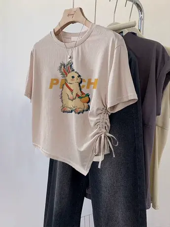 美潮t恤女微胖mm遮肚子显瘦大码ins抽绳短袖夏别致甜辣很仙的上衣商品大图