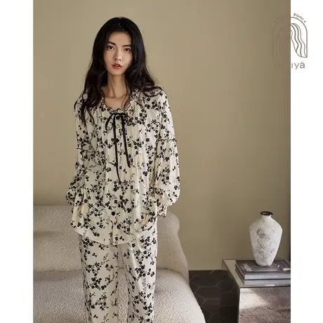 妮狄娅2023睡衣女秋季纯棉长袖开衫款优雅碎花宽松春秋家居服套装商品大图