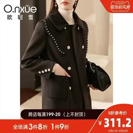 欧昵雪2023冬季新款翻领双排扣黑色厚毛呢外套女长袖宽松呢子大衣商品大图