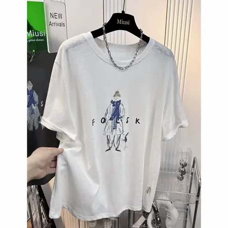 超好看印花减龄竹节棉t恤女2025新款薄款慵懒风休闲宽松短袖上衣图片