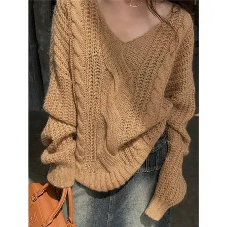 韩版2023秋季新款宽松显瘦慵懒风气质V领休闲时尚麻花毛衣上衣潮图片
