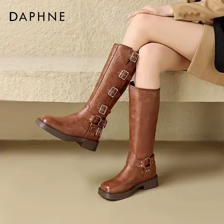 达芙妮棕色长筒靴女2025秋冬季新款复古西部牛仔靴加绒高筒骑士靴商品大图