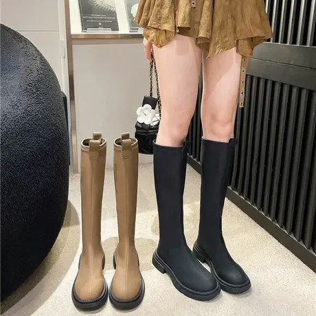 时尚不过膝长筒靴女秋季2023年新款高跟气质高筒靴法式圆头骑士靴商品大图