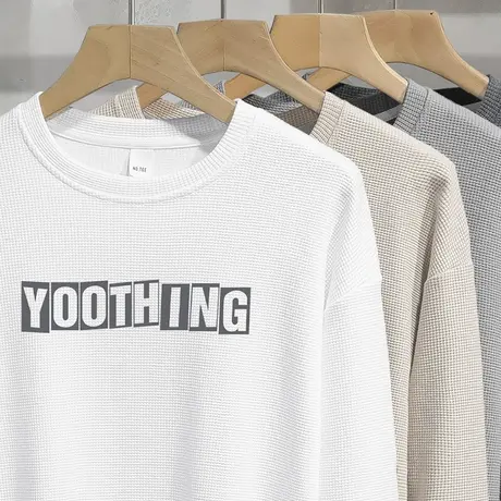 2023秋季新款华夫格白色卫衣男宽松潮流字母印花圆领无帽长袖t恤商品大图