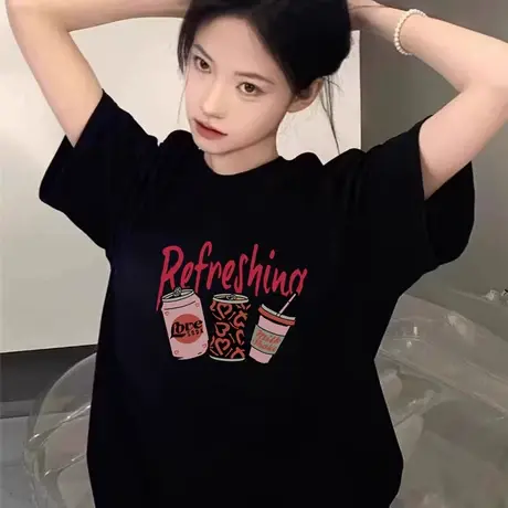 胖mm短袖女美式复古打底衫遮肉正肩纯棉T恤大码半袖洋气显瘦上衣商品大图
