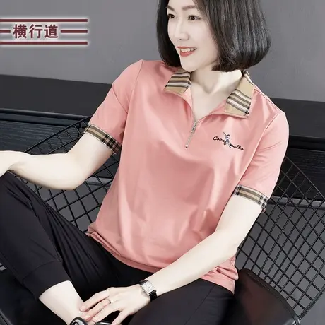 2025夏季新款简约休闲翻领格子拼接绣花宽松短袖T恤女装外穿上衣商品大图