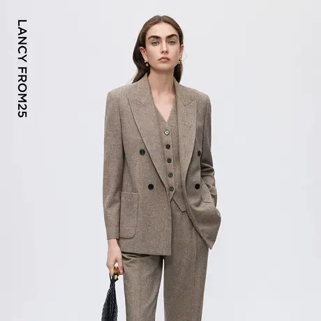 朗姿羊毛戗驳领双排扣西装女人字纹时尚复古率性通勤风2025年新款商品大图
