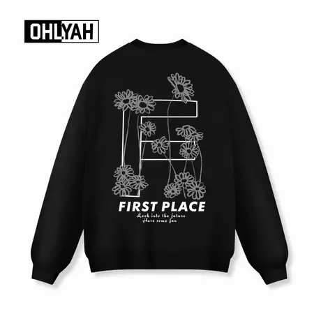 Ohlyah品牌秋冬时尚小雏菊印花情侣圆领卫衣男女重磅落肩纯棉长袖商品大图