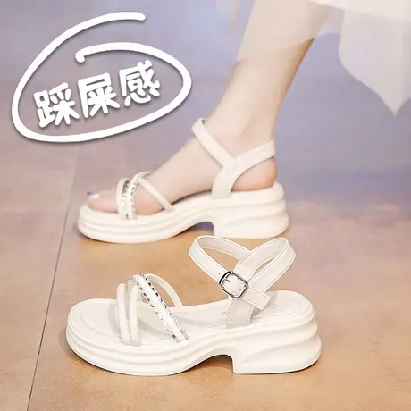 真皮凉鞋女士2025新款夏季不累脚时时装鞋配裙子粗跟妈妈鞋子百搭图片