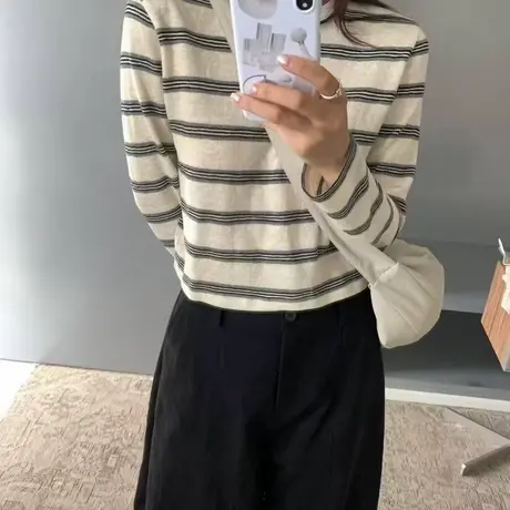 韩系2025秋新款简约百搭撞色条纹圆领长袖针织t恤女宽松显瘦上衣商品大图