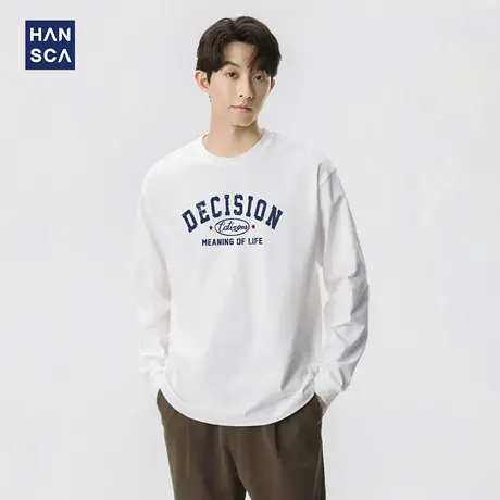 hansca260g重磅纯棉长袖t恤男春秋季圆领套头宽松印花休闲打底衫商品大图